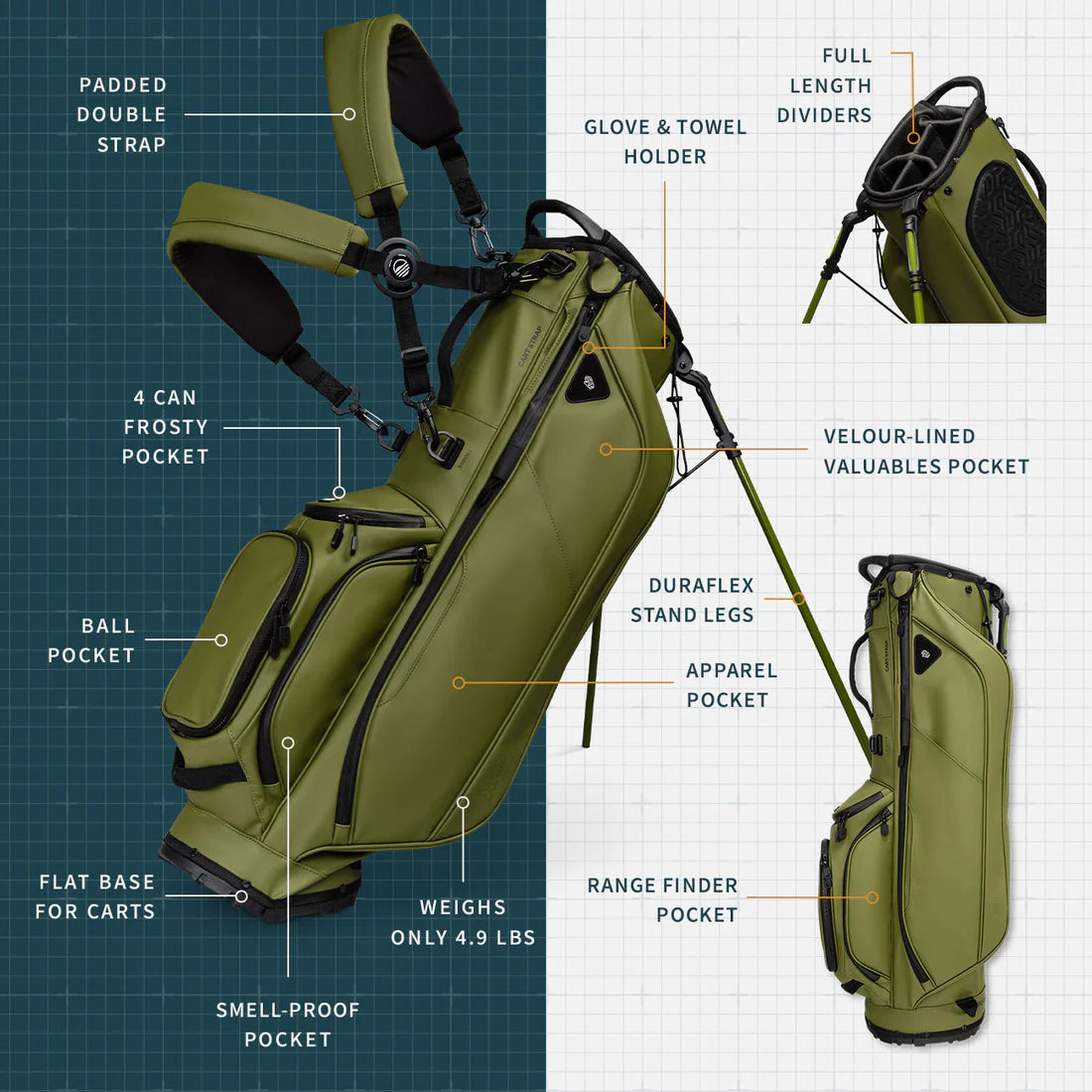 Golf Stand Bag - Dual Carry Straps Vegan Leather Bag