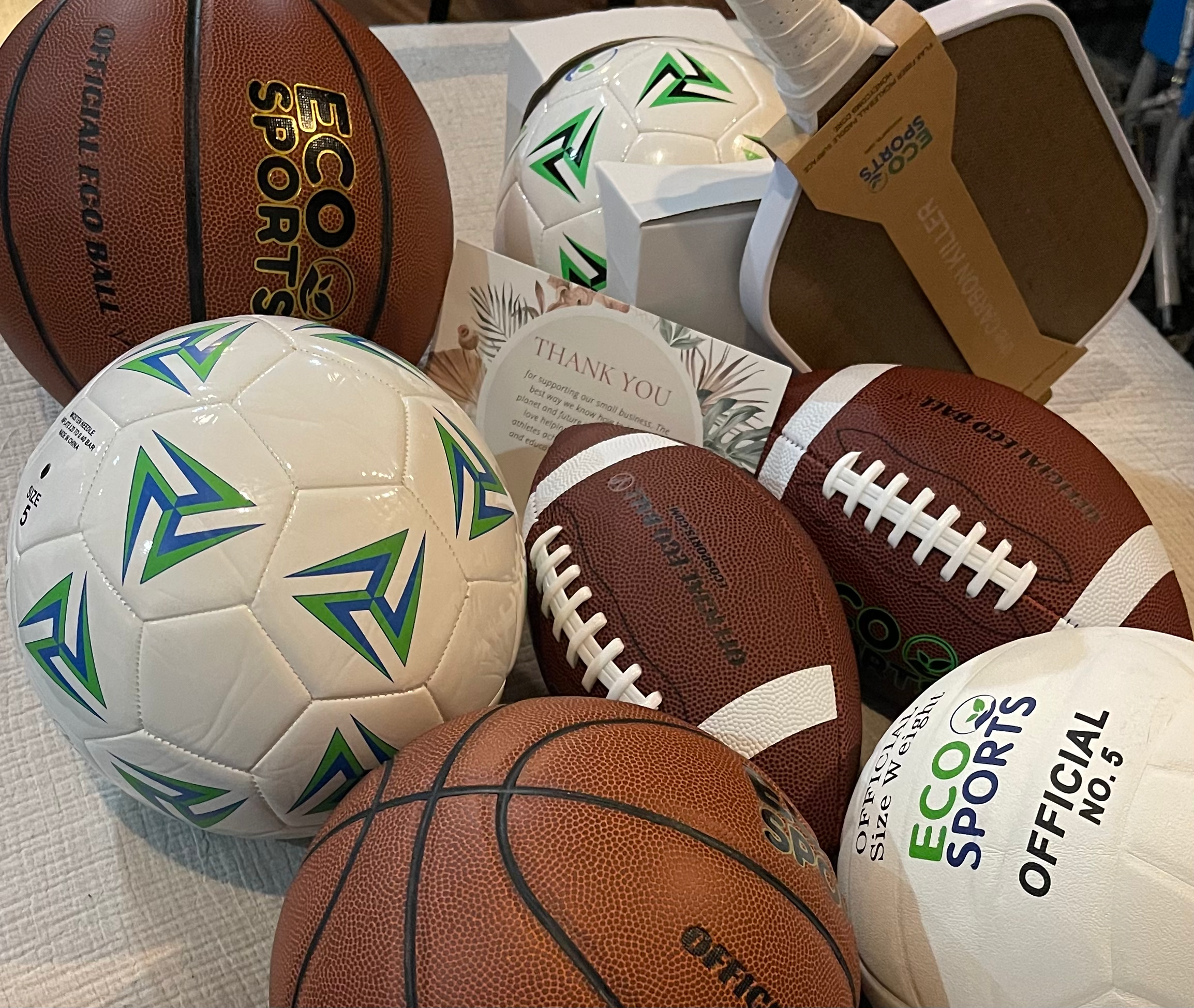 Eco Sports Holiday Gifts Collection - Basketballs, Soccer Balls, Footballs, Pickleball Paddles